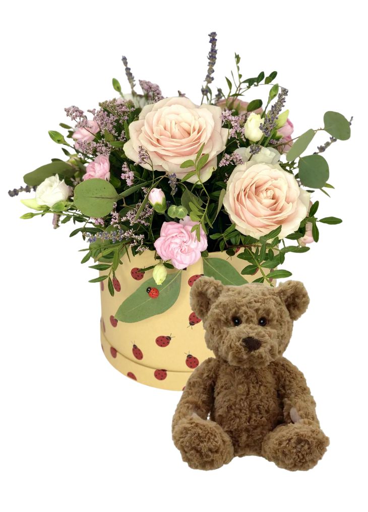 new baby flowers and teddy