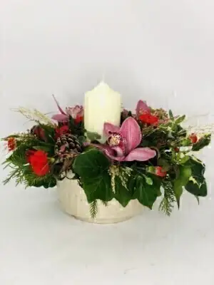 Classy Christmas Pink Red and Gold Pillar Candle Centrepiece