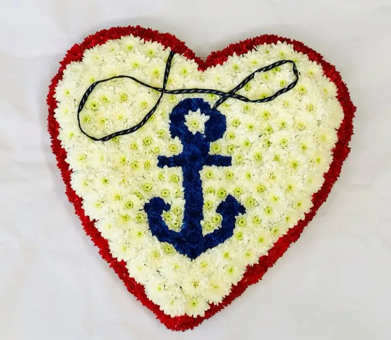 Funeral Large White Heart with Blue Anchor
