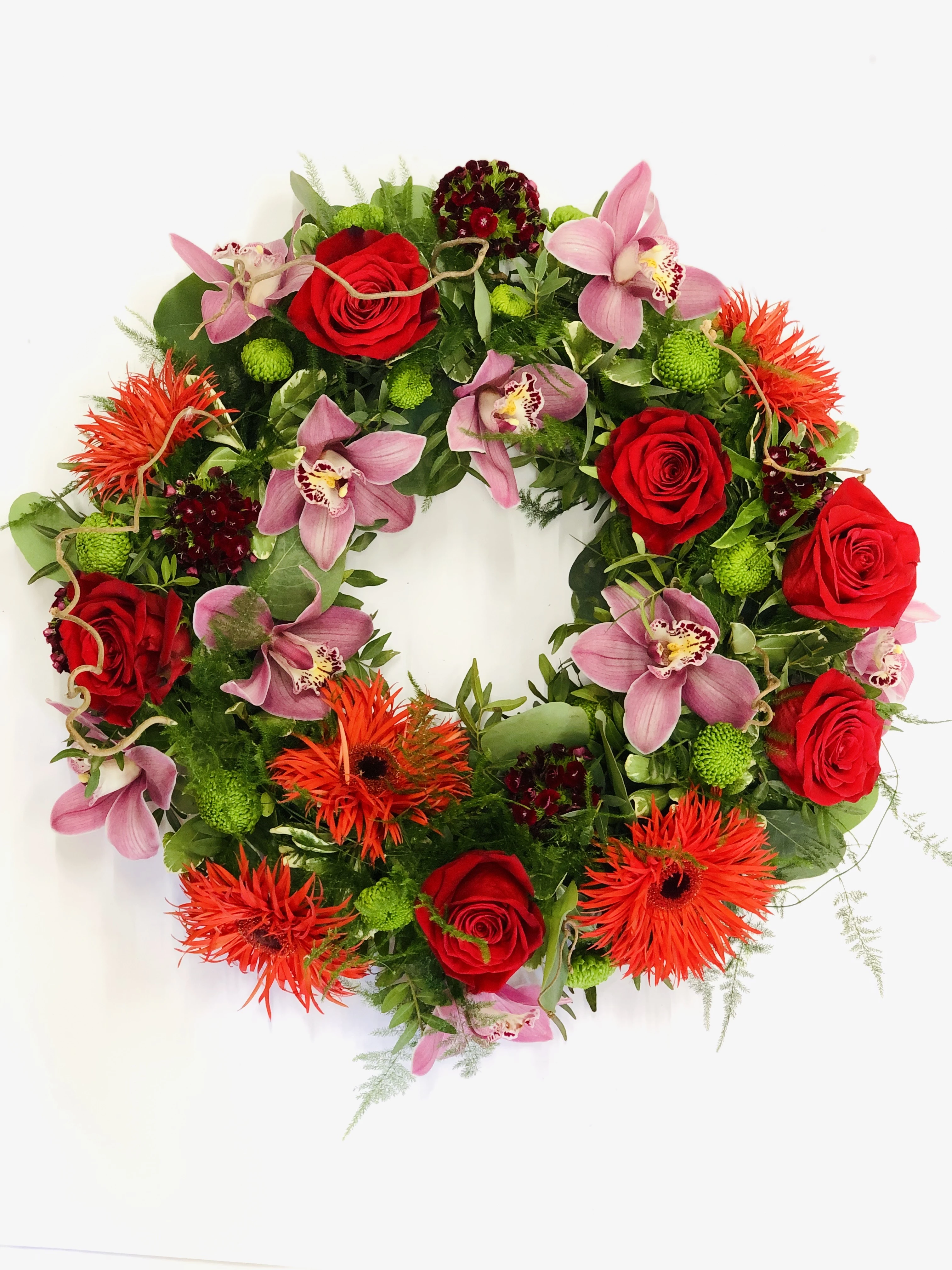 Red Rose and Orchid Wreath Funeral Flowers
