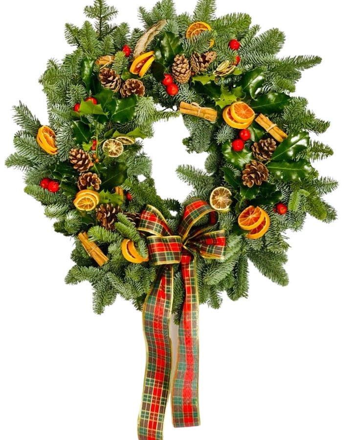 Traditional Fruit And Tartan Bow Luxury Christmas Door Wreath - Large