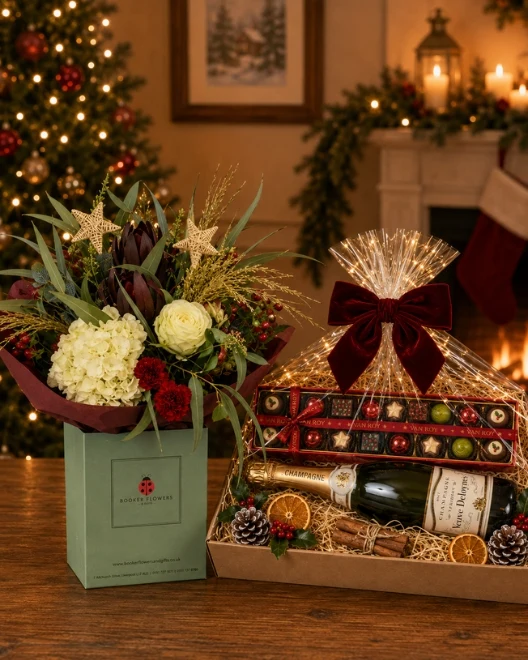 Christmas Carol Bouquet of Flowers Festive Family Hamper with Champagne