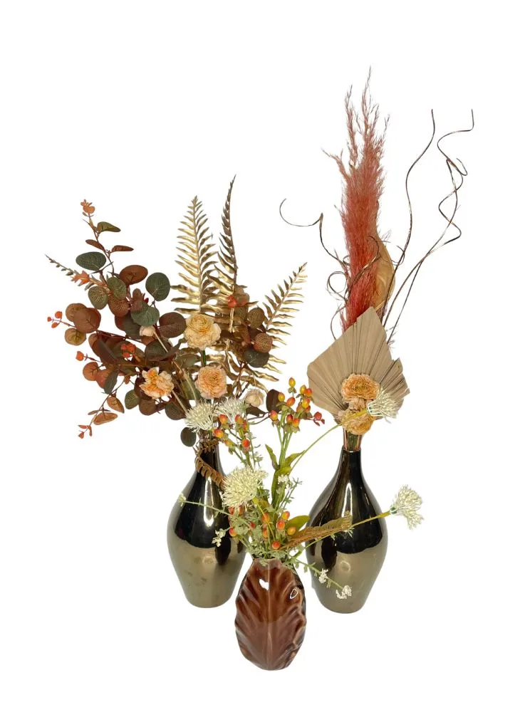 Artificial and Dried Flower Trio in Vases Artificial and Dried Flower Trio in Vases