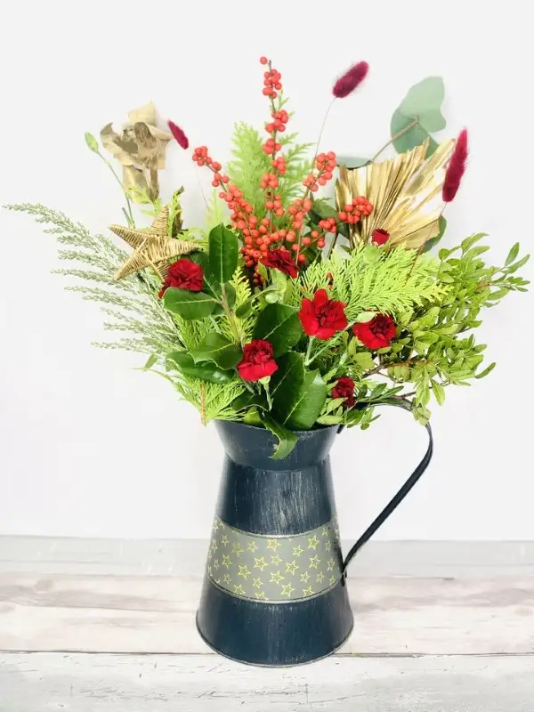 Blue Christmas Festive Jug of Berries and Foliage