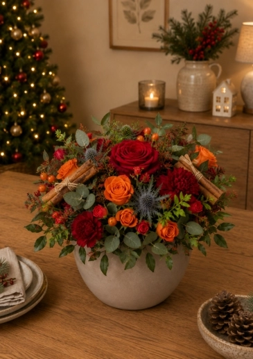 Christmas Crimson Rose And Cinnamon Spice Flower Arrangement