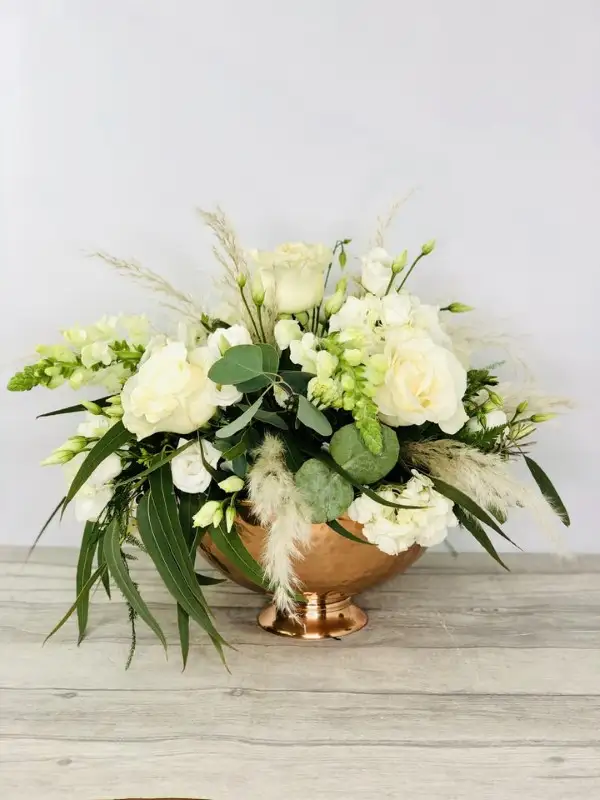 Christmas Enchantment White Flower Copper Bowl Arrangement