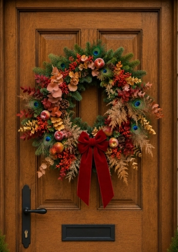 Copper And Crimson Gilded Peacock Splendour Real Christmas Wreath