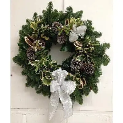 Deluxe Christmas Holly Wreath - White Bow