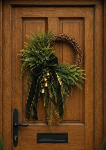 Evergreen and Gold Christmas Crescent Real Christmas Wreath