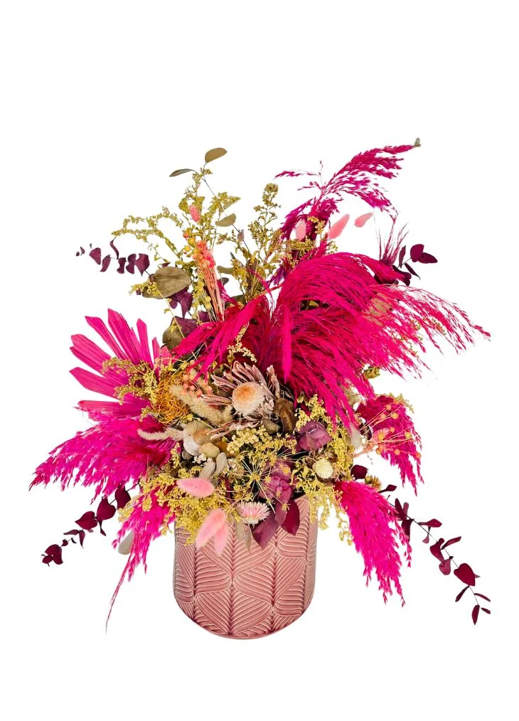 Everlasting flower arrangement in ceramic vase. Pink Parade