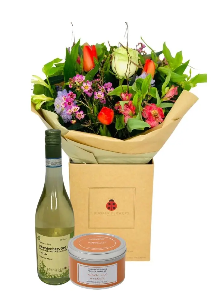 Flowers for Mothers Day delivery on Sunday with candle and wine gift set