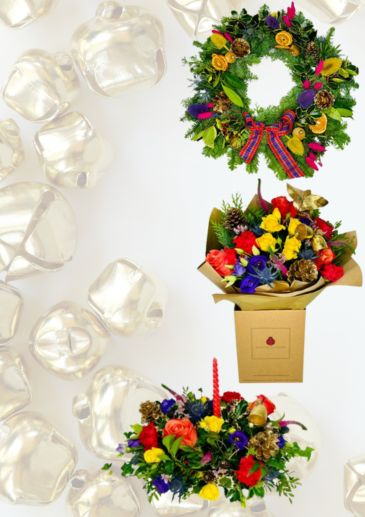Jingle Bell Christmas Gift Set of Flower Bouquet and Table Arrangement and Door Wreath