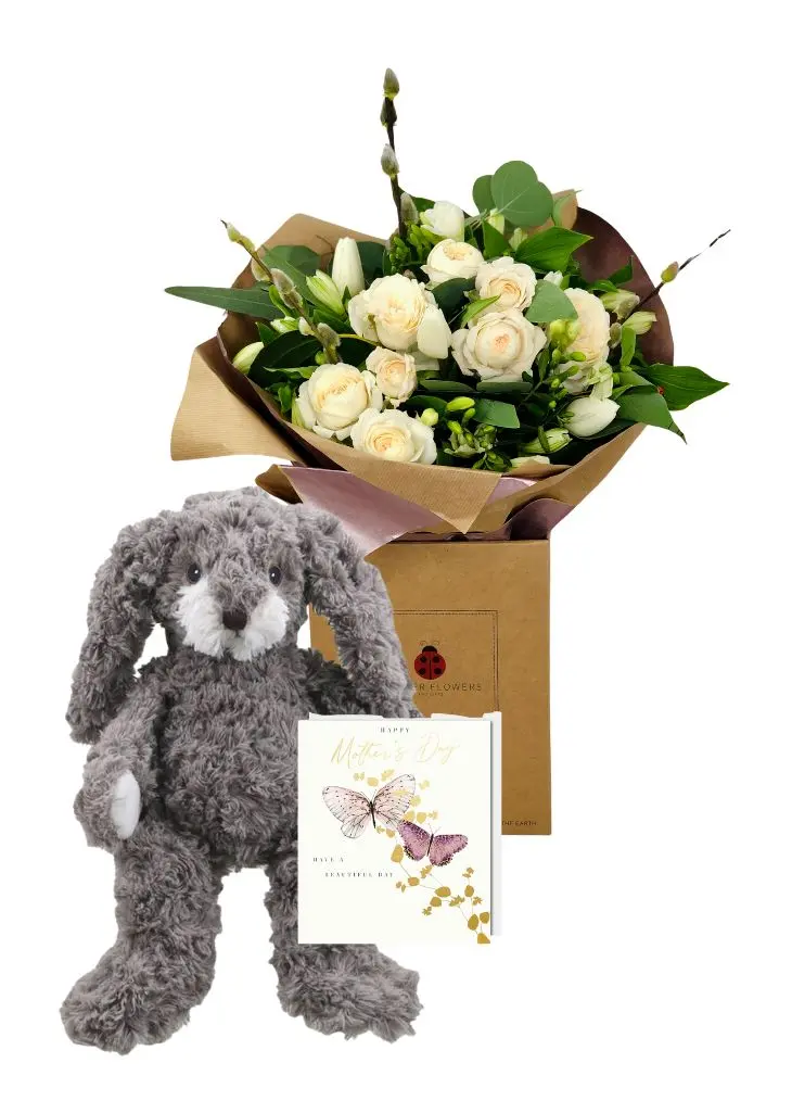 Large Pearl Mothers Day Flowers and Card Gift with Giant Cuddly Bunny Large Pearl Mothers Day Flowers and Card Gift with Giant Cuddly Bunny