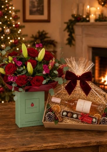 Midwinter Blush Christmas Bouquet with Rose and Belgian Chocolate Gift Set Hamper