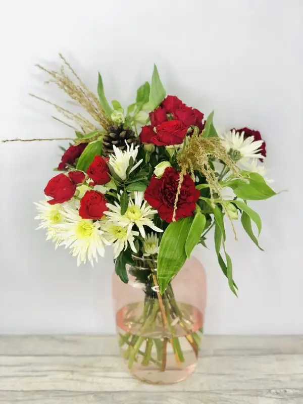 Nordic Christmas Vase of Red and White Flowers