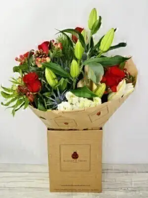 Red Rose and Lily Christmas Bouquet