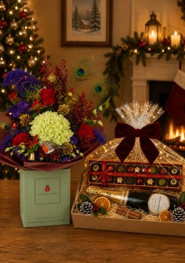 Tinsel Town Christmas Floral Handtied and Luxury Chocolates and Champagne Hamper