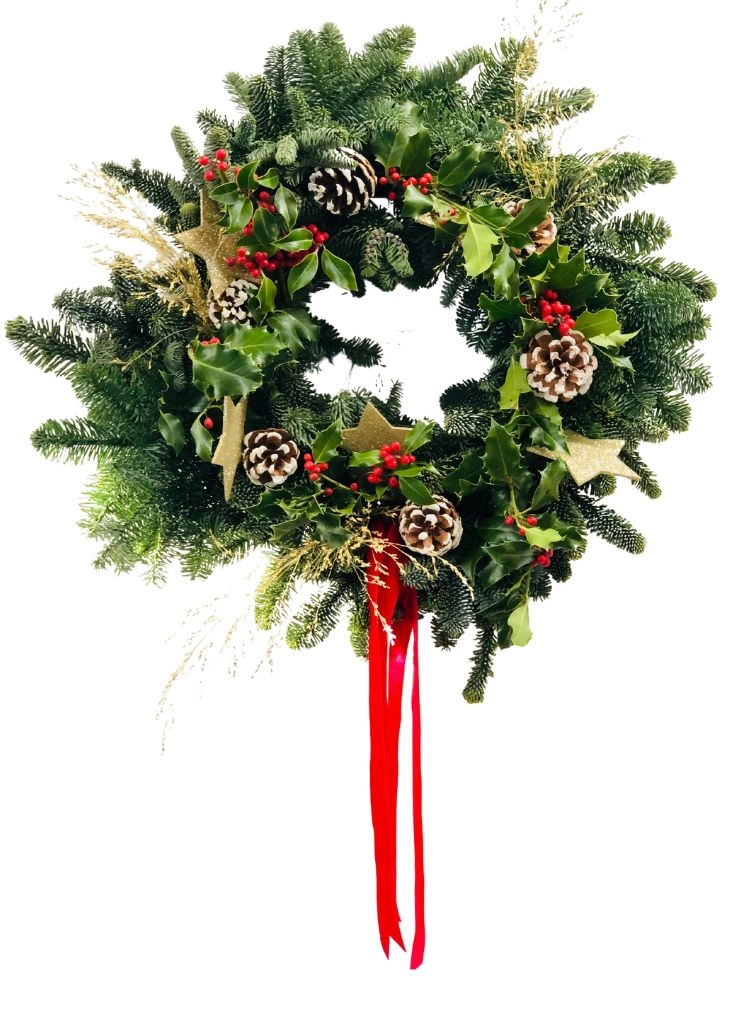 Traditional Christmas wreath in Green Red and Gold with Holly