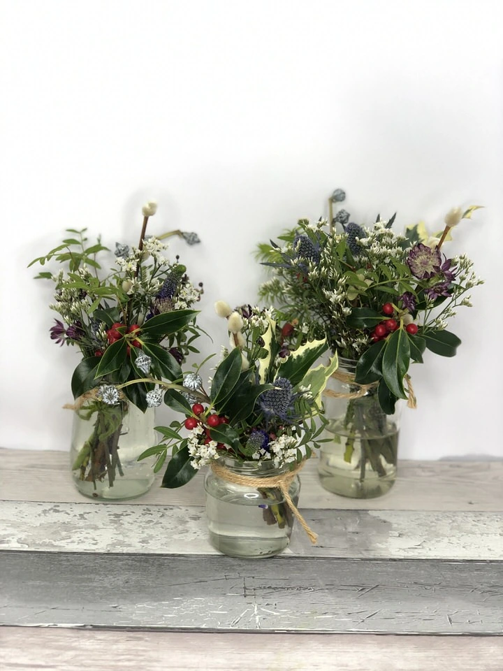 Trio of Christmas Jars of Flowers