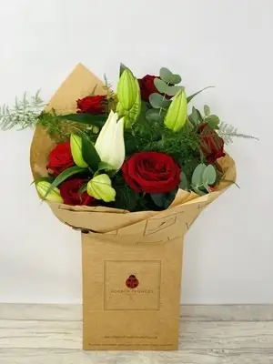 Valentines Red Roses and Lily Bouquet