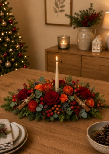Warmth and Wonder Christmas Table Decorations with Candle and Cinnamon Sticks