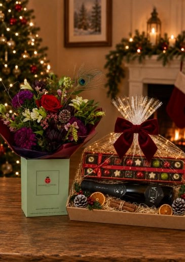 Yuletide Splendor Luxury Christmas Flowers with Chocolate Treats and Festive Fizz Hamper Gift